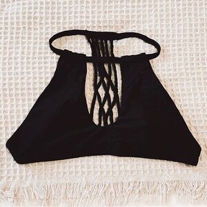 Ree Bees Woven Strappy Back Halter Bikini Top Black Plunge Neckline